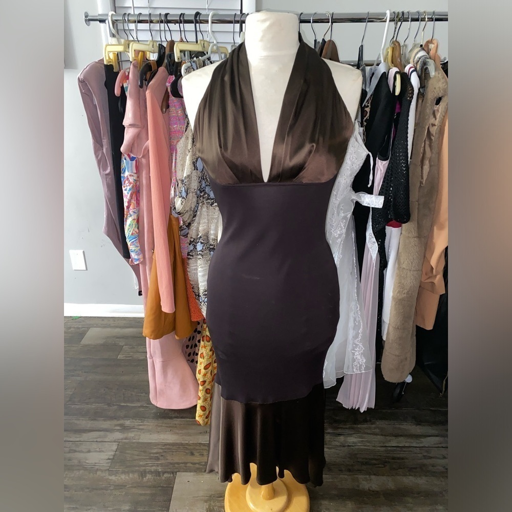 Yigal Azrouel Brown VTG 2000s Y2K Long Gown Sheath Dress Silk Mermaid Red Carpet - Picture 1 of 5